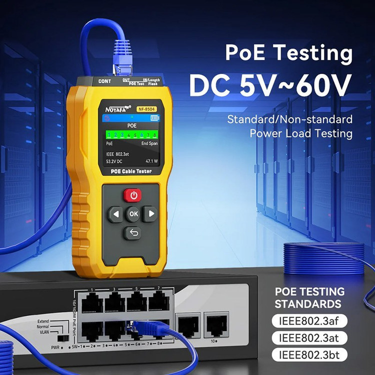 تستر کابل شبکه نویافا مدل NF-8504 با نمایشگر رنگی و قابلیت PoE