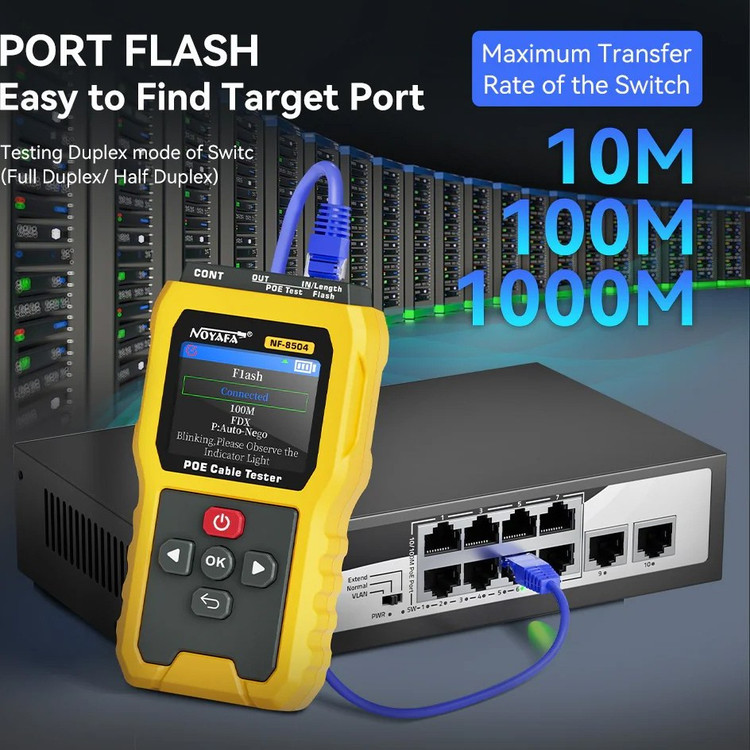 تستر کابل شبکه نویافا مدل NF-8504 با نمایشگر رنگی و قابلیت PoE